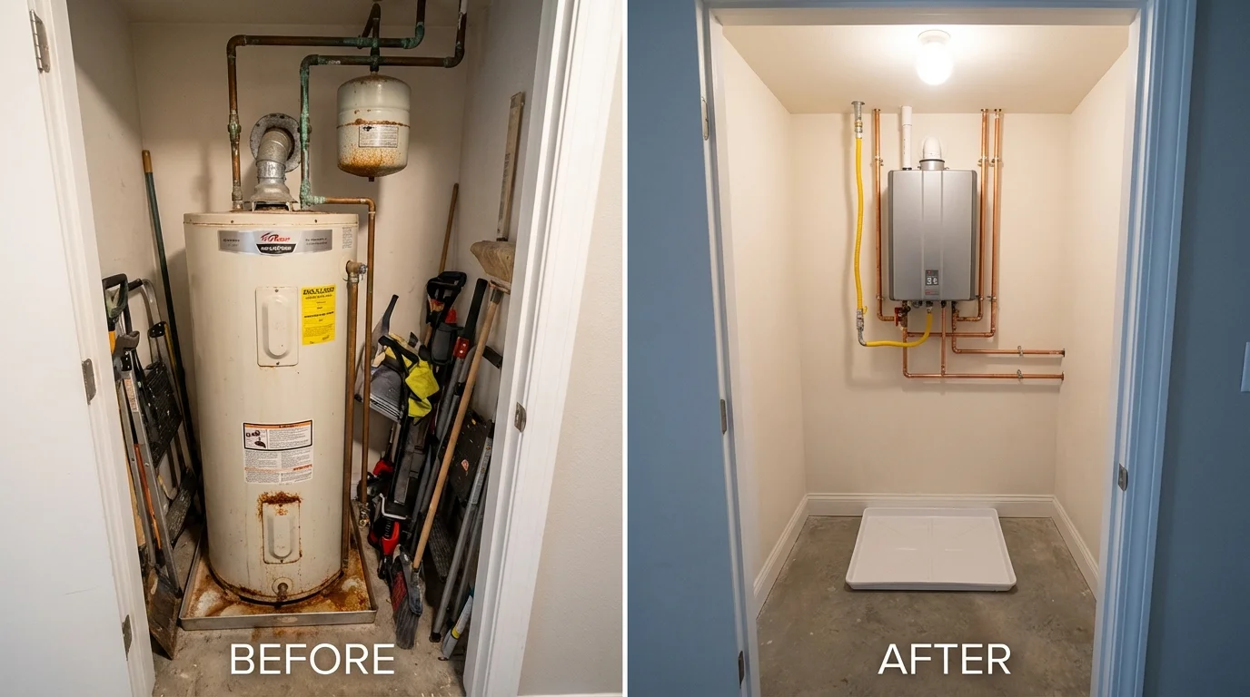 Tank water heater versus wall-mounted tankless unit comparison for Meade, KS homeowners