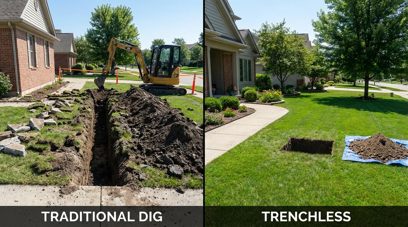 Trenchless sewer repair with minimal yard damage versus traditional excavation in Meade, KS